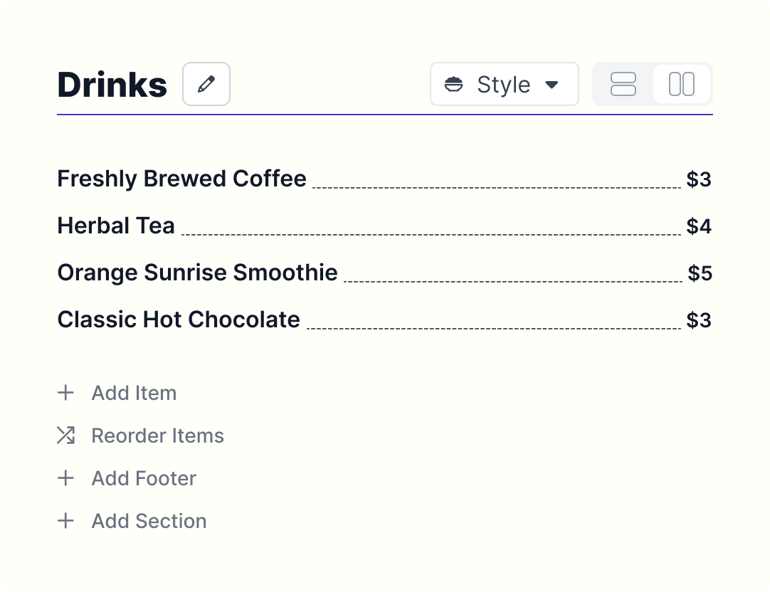 Menu section editor